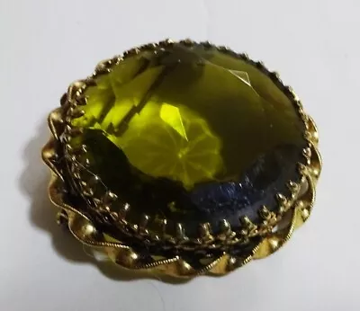 Chubby Vintage Round AUSTRIA Faceted Green Glass 1.5  Wide Brooch Pin • $38.50