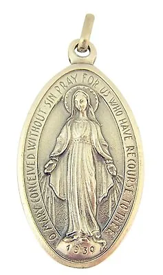 Silver Toned Base Oval Virgin Mary Miraculous Medal Pendant 1 1/2 Inch • $9.44