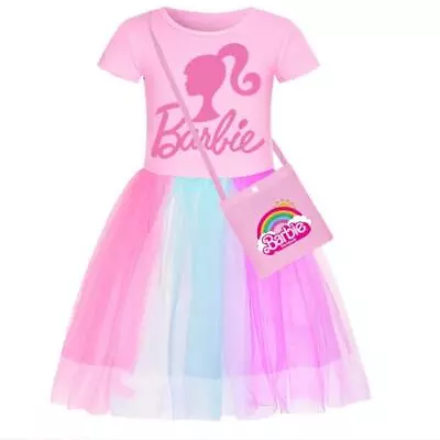 Kids Girls Barbie Dress+Bag Set Summer Holiday Party Rainbow/Stars Tulle Dresses • £12.74