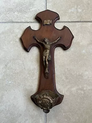 Metal & Wood Antique Holy Water French Wall Crucifix Jesus Christ • £20