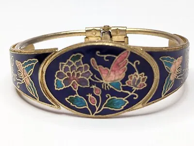 Vintage Gold Tone Cloisonne Chinese Enamel Statement Hinged Bracelet 1  Wide • $16.99