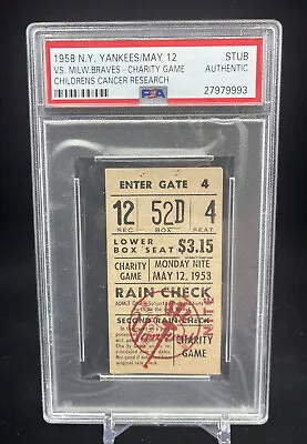 1958 Yankees/braves Childrens Cancer Research Gm Ticket Mantle Vs Hank Aaron Psa • $450