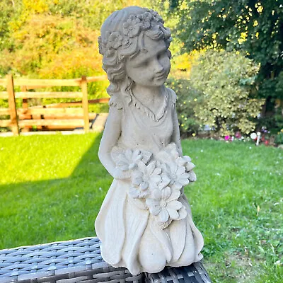 Stone Flower Girl Garden Sculpture Antique Grey Lady Outdoor Lawn Ornament Gift • £23.99