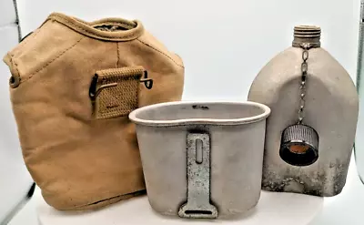 VTG US WWII 1944 ALUMINUM CANTEEN MILITARY ARMY FLASK & CUP W/CANVAS COVER • $32.90