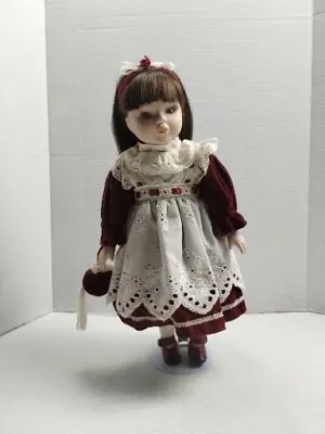 Vintage Porcelain Red White Dressed Maid Blue Eyed Straight Hair Doll W/ Stand  • $22.94