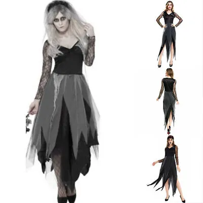 Womens Ladies Zombie Corpse Bride Costume Carnaval Widow Graveyard Fancy Dress • £16.86