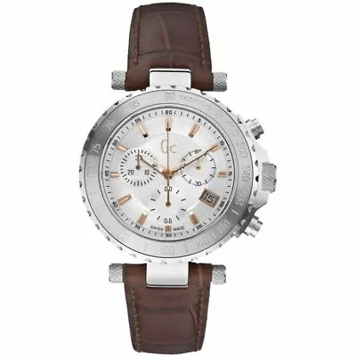 Guess Gc Silver Tonerose Gold Accentcroc Brown Leather Watch X58005g1-msrp • £319.76