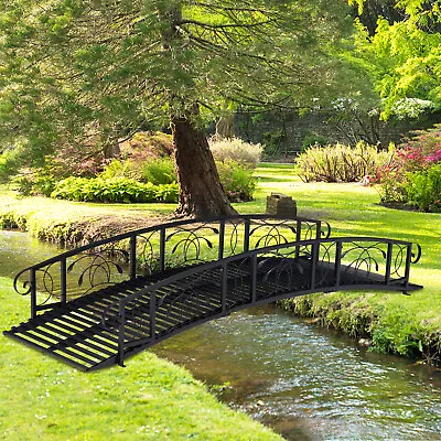 8' Metal Bridge Garden Decorative Pond Arch Walkway With Safety Railings Black • $239.99