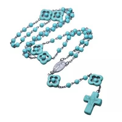 Blue Turquoise Beads Rosary Necklaces Catholic Pendant Necklaces For Women • $16.31