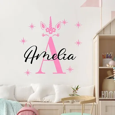 Personalised Name Wall Art Sticker Unicorn Baby Girls Bedroom Nursery Decal Cot • £7.99
