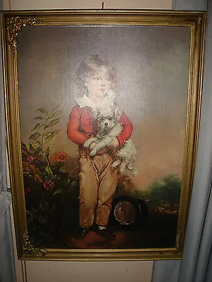 VINTAGE PAINTING MASTER SIMPSON BY ARTHUR DEVIS - BOY WITH TOP HAT & DOG 20'x28' • $325