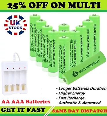 AA AAA Rechargeable Solar Light Batteries 600mAh 400mAh 300mAh NiMH 1.2V UK • £6.99