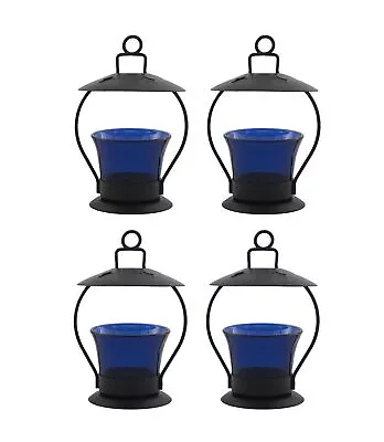 Blue Glass Cup Tealight Candle Holder Hanging & Table Top Iron Votive Pack Of 4 • $48.65