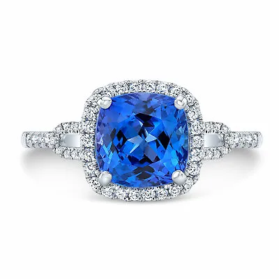 Cushion Tanzanite Diamond Engagement Ring 14k White Gold Halo Micro Pave  2.51CT • $2983.07