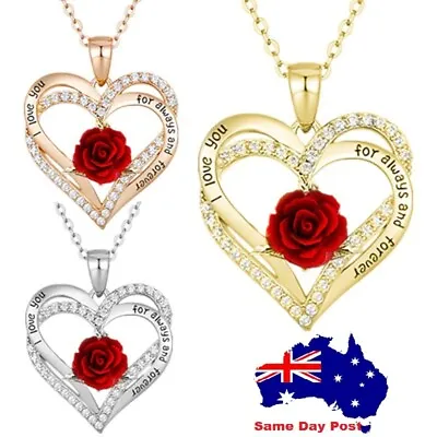 Red Rose Flower Pendant Chain Necklace I Love You Always Forever  Gold Silver • $7.61