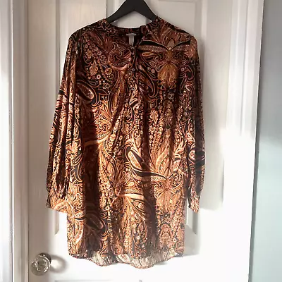 H & M Richard Allen Shirt Dress Balloon Sleeve Brown Paisley Knee Length UK 10 • £9.99