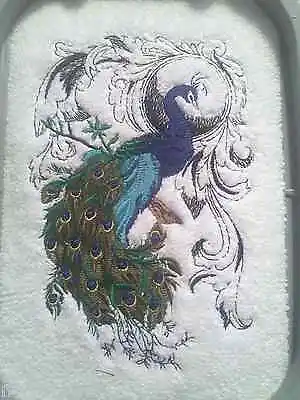 Peacock Flourish Stunning Set Of 2 Bath Hand Towels Embroidered By Laura • £24.11