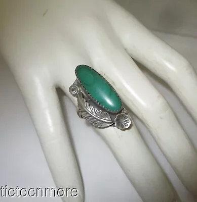 Vintage Navajo Indian Signed Tom Nez Squash Blossom Malachite Navette Long Ring • $19.99