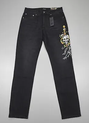 Ed Hardy Slim Jeans Denim 5 Pocket Embroidered Skull Snake Panther Black Stretch • $44.79