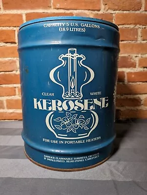 Vintage Blue White Metal 5 Gallon Kerosene Gas Oil Can Clear White ADVERTISING • $59.90