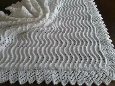 Hand Knitted To Order White Baby Boys/girls  Blanket / Christening Shawl 36”x36” • £39.99
