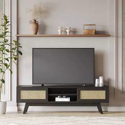 59  Lower TV Stand With Rattan Sliding Doors Farmhouse Boho Up To 65  TV Natu • $189.50