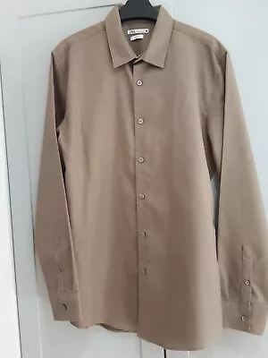 ZARA Mens Slim Fit Shirt Large 40  Chest  Khaki Long Sleeve Vgc (B13/9) • £12