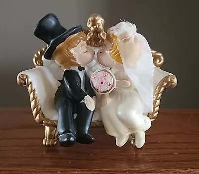 Vintage Wedding Cake Topper Bride & Groom Kissing On Love Seat 1970 MCM • $12