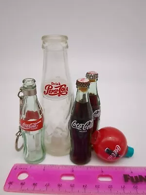 Lot 5 Vtg MINI 3 INCH COCA COLA FULL GLASS BOTTLES KEYCHAIN BOBBER PEPSI COLA • $42.03