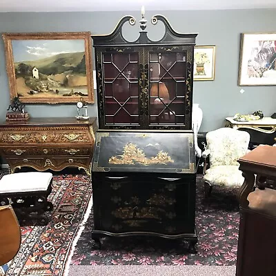 Asian Style Chinoiserie Decorated Slant Front Secretary Desk • $1450