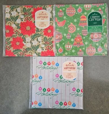 3 Pks VTG Hallmark Christmas Wrapping Paper Ornaments Poinsettia Happy Holidays • $12