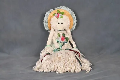 VTG 27  Handmade Mop Rag Doll With Hat Braids & Bouquet - Burgundy & Green Trim • $19.95