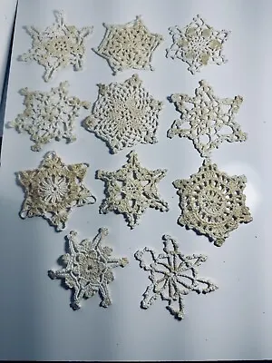 Vintage Ornaments Crocheted Snowflake Lot Of 10 Off White Gold Glitter Hand Made • $14.99