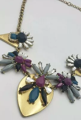 J Crew Pave Crystals Chain Chunky Gold Tone Blues Magenta 20  Statement Necklace • $28.99