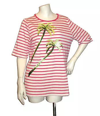 Quacker Factory M Knit Top Tunic Shirt Pink White Stripes Sequin Palm Trees NWOT • $12.50