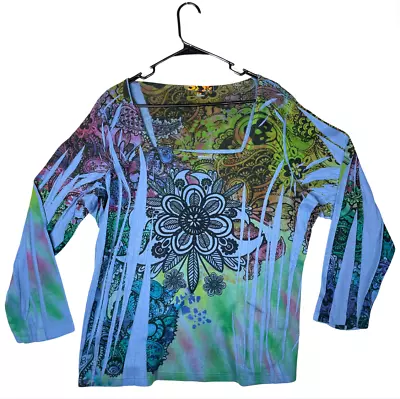 SUZEE Womens Top Embellished Square Neck Sz 2X Colorful USA Made Art To Wear • £21.16