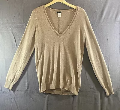 J Crew Sweater Womens Medium Tan V Neck Long Sleeve Cashmere Blend Pullover • $10.40