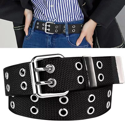 Canvas Double Grommet Holes Belt 2-Row Studded Women Men Waist Strap Punk Gift • £5.79