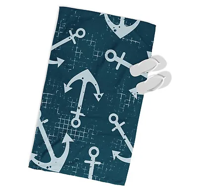 Anchor Modern Pattern MICROFIBRE BEACH TOWEL Designer Blue • £22.99