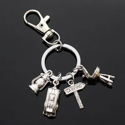 Trailer Wagon Camper Camping Lantern BBQ Grill Silver Keychain Gift Key Chain • $7.29