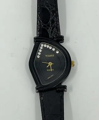 Vintage Visage Watch Floating Crystals Abstract Face Croc Embossed Leather Band • $20