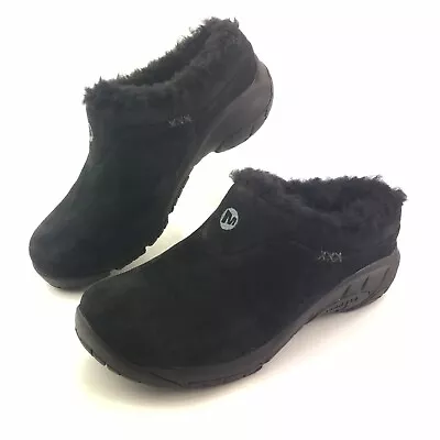 Merrell Women Encore Ice Black Suede Shearling Lined Slip On Comfort Clogs Sz 6 • $32