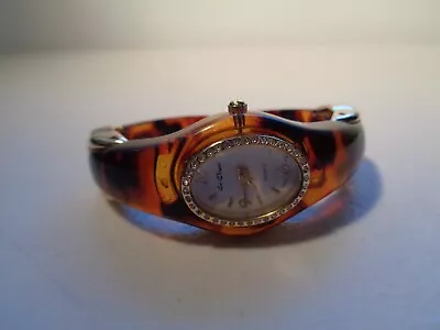 Le Chat 1980s Faux Tortoise Shell Wrist Watch With White Stones Bracelet Style. • £17