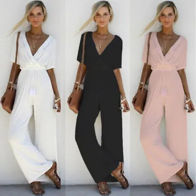 Womens Jumpsuit Holiday Party Long Ladies V Neck Playsuit Wide Leg Short Sleeve • £17.14