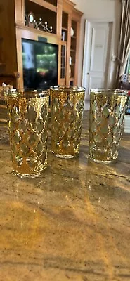 Vintage 3 Culver Valencia 22kt Gold Green Highball Glasses Signed • $45