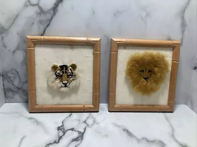 Vtg Hand Crochet Lion & Tiger - Framed Wall Picture Bamboo Frames • $49.99