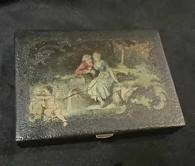 £18 • Buy Antique Lacquered Paper Mache Box Hand Painted Scene With Couple & Cherubs