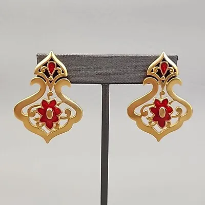 Avon Pierced Earrings Vtg Moroccan Style Dangle Matte Gold Tone Red Enamel 1.75  • $25