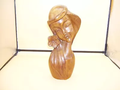 Genuine Monkey Pod Wood Woman Lady Flower Handcrafted Sculpture 12  Figure Bust • $74.95