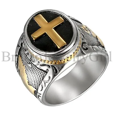 Stainless Steel Christian Holy Cross Prayer Ring For Men Wedding Band Size 8-14 • $9.89